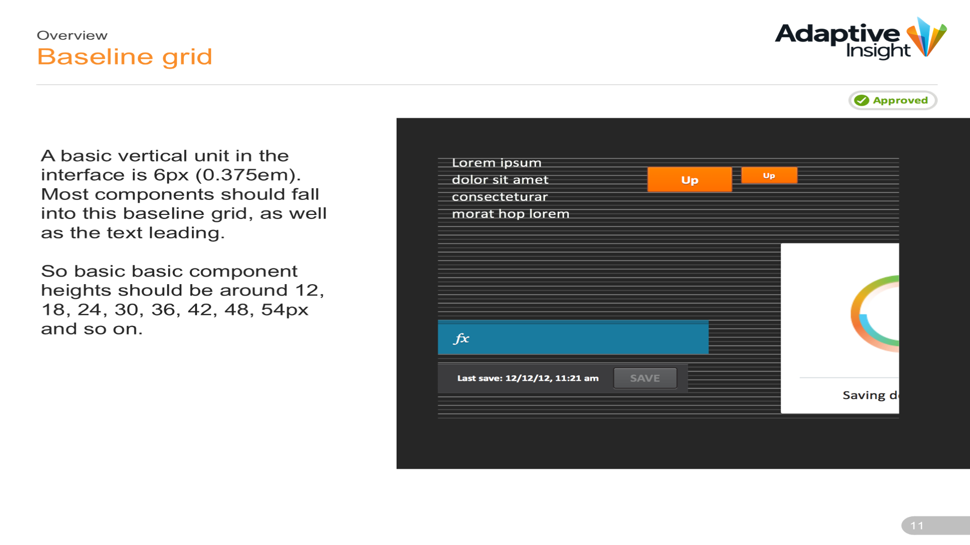 Baseline grid slide from the visual design spec, marked Approved. Text explains that the basic vertical unit is 6px, so component heights fall at 12, 18, 24, 30, 36, 42, 48, and 54px. An example on a dark background shows text, buttons, the formula bar, and a save bar aligned to horizontal grid lines.