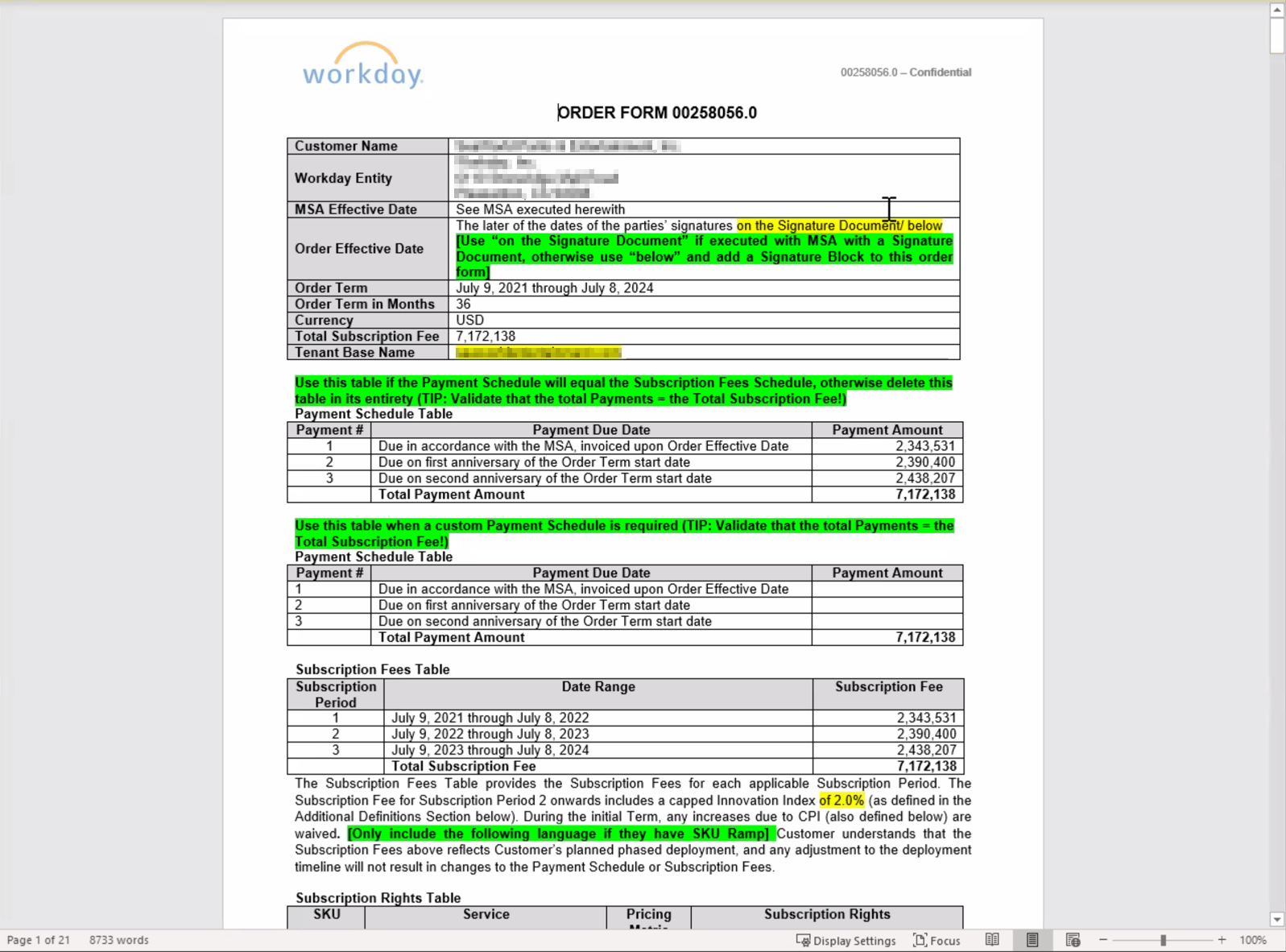 Customer contract clean-up in Word