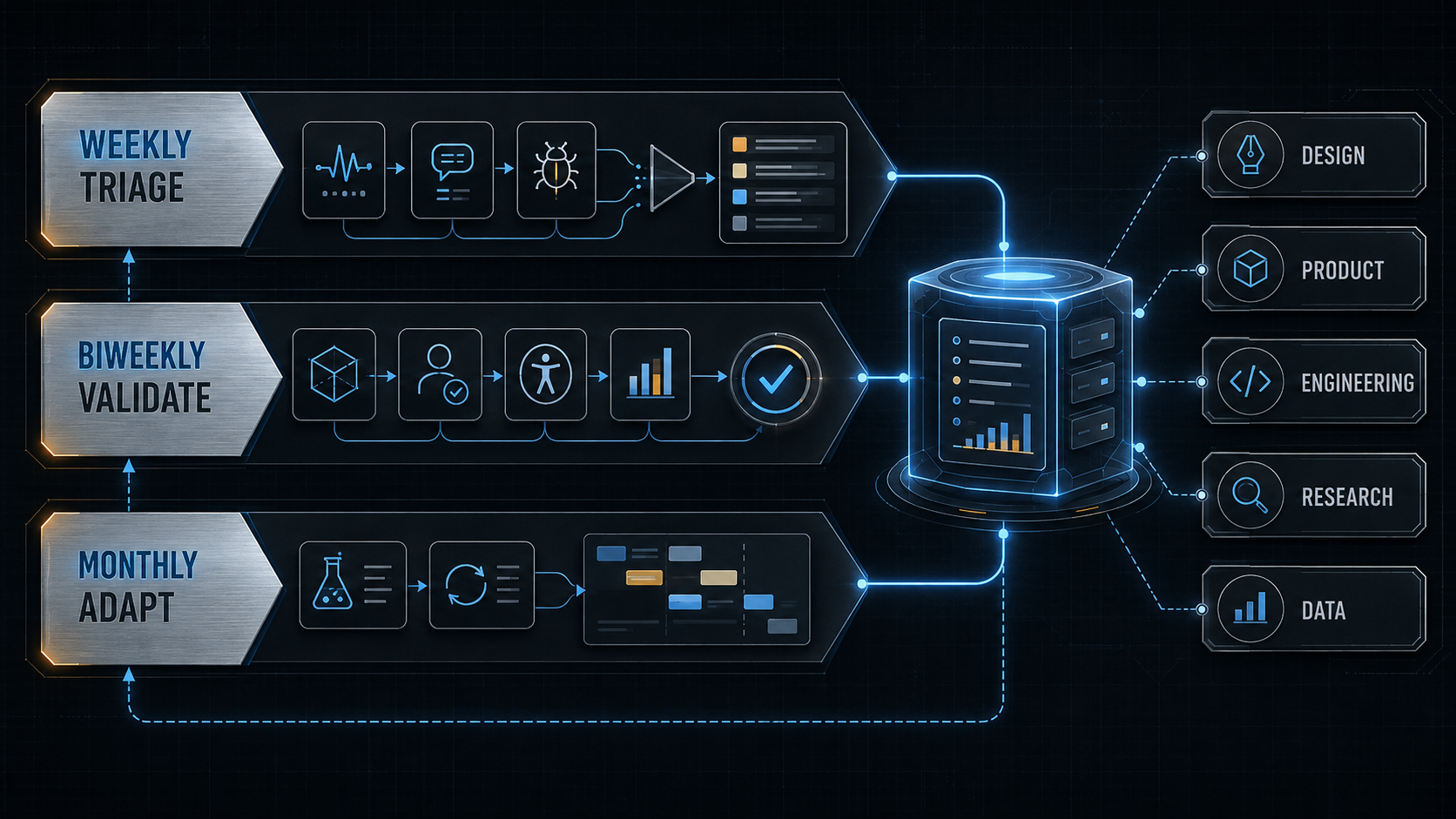 Weekly, biweekly, and monthly product-team cadences connected to a shared evidence and decision repository
